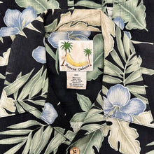 Load image into Gallery viewer, Banana Cabana Black Palm Print Silk Button Down Shirt (M)
