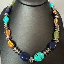 Load image into Gallery viewer, Chaps Faux Turquoise Amber Tigers Eye Lapis Silver Beaded Necklace (20")
