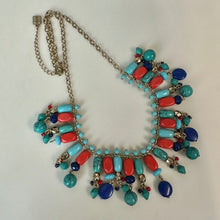Load image into Gallery viewer, Chaps Faux Turquoise Coral Lapis Gold Fringe Necklace (20")
