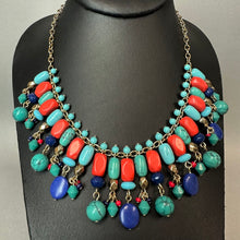 Load image into Gallery viewer, Chaps Faux Turquoise Coral Lapis Gold Fringe Necklace (20")
