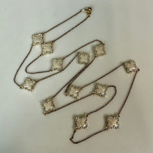 Load image into Gallery viewer, Pearl Enamel Rhinestone Goldtone Clover Station Necklace (36")
