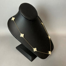 Load image into Gallery viewer, Pearl Enamel Rhinestone Goldtone Clover Station Necklace (36")
