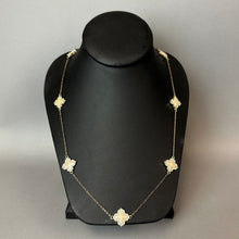 Load image into Gallery viewer, Pearl Enamel Rhinestone Goldtone Clover Station Necklace (36")
