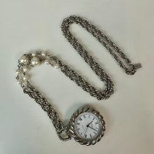 Load image into Gallery viewer, 1928 Silvertone Pocket Watch Pendant on 30" Faux Pearl Accent Chain
