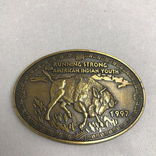 Load image into Gallery viewer, Vintage 1997 Bison Buffalo Brass Belt Buckle Running Strong American Indian Youth (2.5x3.5)
