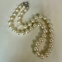 Load image into Gallery viewer, Large Faux Pearl Knotted Strand w/ Rhinestone Clasp Necklace (25")
