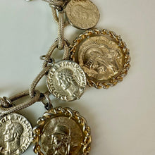 Load image into Gallery viewer, Vintage Goldtone Greco Roman Coin Statement Charm Bracelet (8.5")
