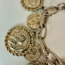 Load image into Gallery viewer, Vintage Goldtone Greco Roman Coin Statement Charm Bracelet (8.5")
