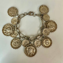 Load image into Gallery viewer, Vintage Goldtone Greco Roman Coin Statement Charm Bracelet (8.5")
