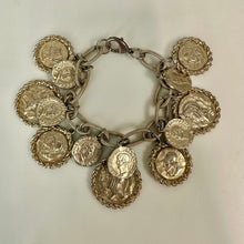 Load image into Gallery viewer, Vintage Goldtone Greco Roman Coin Statement Charm Bracelet (8.5")
