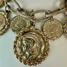 Load image into Gallery viewer, Vintage Goldtone Greco Roman Coin Statement Charm Bracelet (8.5")
