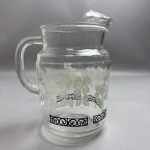 Load image into Gallery viewer, Vintage MCM Clear Glass Water Pitcher White Dogwood Flowers with Ice Lip (9")
