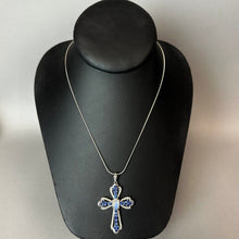 Load image into Gallery viewer, Sterling Blue Topaz Moonstone Cross Pendant on 24" Adjustable Length Chain (2")

