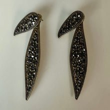 Load image into Gallery viewer, Antiqued Goldtone Gunmetal Crystal Layered Leaves Earrings (2.5")
