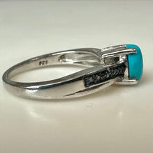 Load image into Gallery viewer, Sterling Sleeping Beauty Turquoise Black Diamond Accent Ring sz 7

