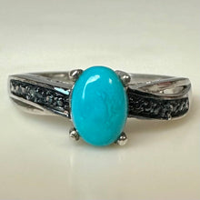 Load image into Gallery viewer, Sterling Sleeping Beauty Turquoise Black Diamond Accent Ring sz 7

