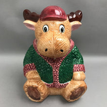 Load image into Gallery viewer, Vintage Cresco China Moose Dressed In Green &amp; Red Sweater Cookie Jar (10")
