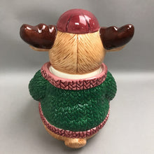 Load image into Gallery viewer, Vintage Cresco China Moose Dressed In Green &amp; Red Sweater Cookie Jar (10")
