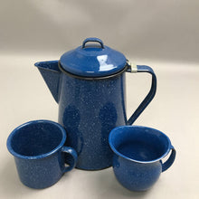 Load image into Gallery viewer, Vintage Blue &amp; White Speckled Enamelware Coffee Pot with Cream &amp; Sugar (8")
