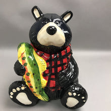 Load image into Gallery viewer, Black Bear Cookie Jar Canister Red Plaid Shirt Holding Trout Fish Ceramic (11")(As Is)
