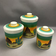 Load image into Gallery viewer, Southwestern Mountains/Cactus 3 Piece Ceramic Canister Set (9")(7")(6")
