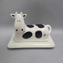 Load image into Gallery viewer, Ceramic Black &amp; White Cow Butter Dish (4x6x4)
