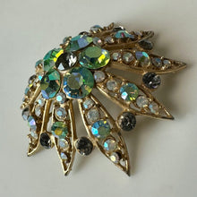 Load image into Gallery viewer, Vintage Brushed Goldtone Aurora Borealis Rhinestone Domed Flower Brooch Pin As-Is (2.5")
