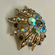 Load image into Gallery viewer, Vintage Brushed Goldtone Aurora Borealis Rhinestone Domed Flower Brooch Pin As-Is (2.5")

