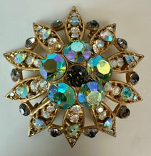 Load image into Gallery viewer, Vintage Brushed Goldtone Aurora Borealis Rhinestone Domed Flower Brooch Pin As-Is (2.5")
