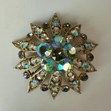 Load image into Gallery viewer, Vintage Brushed Goldtone Aurora Borealis Rhinestone Domed Flower Brooch Pin As-Is (2.5")

