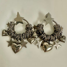 Load image into Gallery viewer, Vintage Silvertone Stars &amp; Hearts Charm Ring Earrings (2.5")
