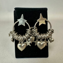 Load image into Gallery viewer, Vintage Silvertone Stars &amp; Hearts Charm Ring Earrings (2.5")
