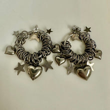 Load image into Gallery viewer, Vintage Silvertone Stars &amp; Hearts Charm Ring Earrings (2.5")
