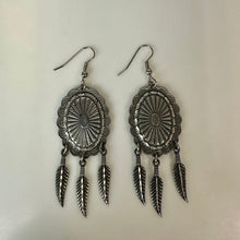 Load image into Gallery viewer, Western Concho Dream Catcher Antiqued Silvertone Earrings (3.25")
