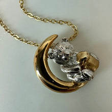 Load image into Gallery viewer, Vintage Sterling Gold Plated Teddy Bear Moon Pendant on 24" Gold Filled Chain (0.75")
