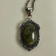 Load image into Gallery viewer, Vintage Irish Sterling Blessed Mother Connemara Marble Pendant on 24" Chain (1.25")
