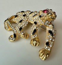 Load image into Gallery viewer, Vintage Goldtone Rhinestone Enamel Red Eye Leopard Brooch Pin (2")
