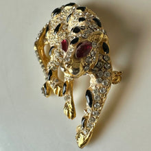 Load image into Gallery viewer, Vintage Goldtone Rhinestone Enamel Red Eye Leopard Brooch Pin (2")
