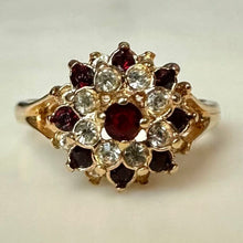 Load image into Gallery viewer, Gold Plated Red &amp; Clear Crystal Cocktail Ring sz 5.75
