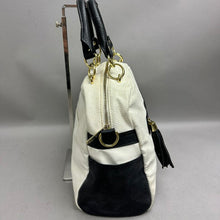 Load image into Gallery viewer, Olivia &amp; Joy Cream &amp; Black Faux Leather Satchel Purse 11x15x4")
