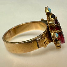Load image into Gallery viewer, Antique Victorian 10K Gold Garnet Turquoise Seed Pearl Ring sz 6.5 As-Is (4.1g)
