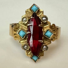 Load image into Gallery viewer, Antique Victorian 10K Gold Garnet Turquoise Seed Pearl Ring sz 6.5 As-Is (4.1g)
