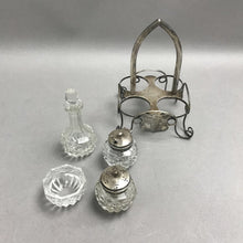 Load image into Gallery viewer, Vintage Victorian Cut Glass Condiment Set Silverplate Caddy (6")
