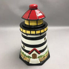 Load image into Gallery viewer, Ceramic Black/White Striped Lighthouse Cookie Jar (12")
