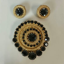 Load image into Gallery viewer, Vintage Freirich Goldtone Gray-Green Rhinestone Brooch Pin &amp; Clip Earrings Set (2, 0.75")
