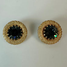 Load image into Gallery viewer, Vintage Freirich Goldtone Gray-Green Rhinestone Brooch Pin &amp; Clip Earrings Set (2, 0.75")
