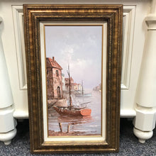 Load image into Gallery viewer, Framed Harbor Scene Oil Painting Signed (32x20)

