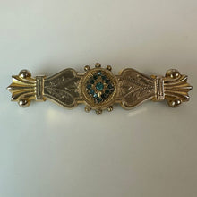 Load image into Gallery viewer, Antique Victorian Rolled Gold Etched Aqua Paste Stone Bar Brooch Pin (2.5")
