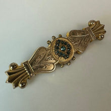 Load image into Gallery viewer, Antique Victorian Rolled Gold Etched Aqua Paste Stone Bar Brooch Pin (2.5")
