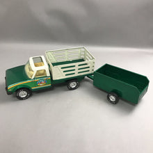 Load image into Gallery viewer, Vintage Nylint Farms Pickup Truck &amp; Trailer Stake Bed Pressed Steel Green (25")
